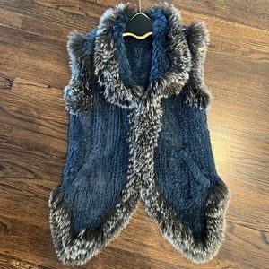 SAKS FIFTH AVE RED Rabbit and Raccoon Fur Vest Denim Blue with Grey/silver trim